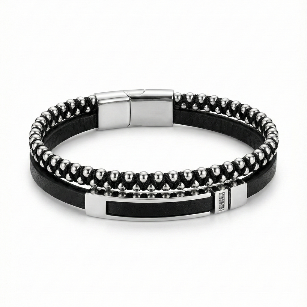 Pulsera para Hombre de Doble Hilera en Acero con Baño de Oro Blanco de 18K – Diseño Artesanal Hecho en España