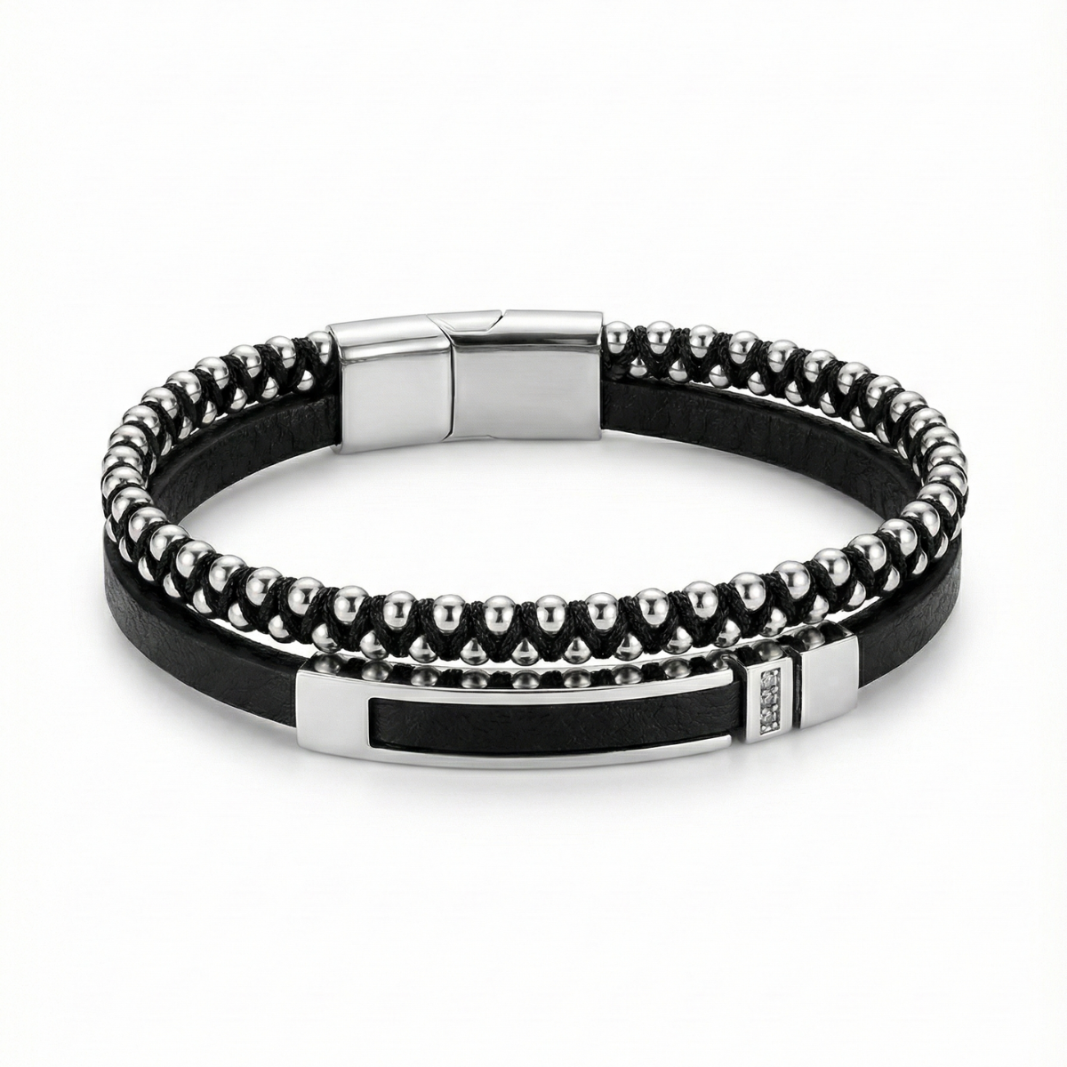 Pulsera para Hombre de Doble Hilera en Acero con Baño de Oro Blanco de 18K – Diseño Artesanal Hecho en España