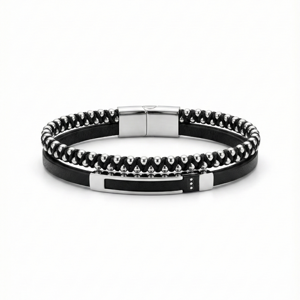 Pulsera para Hombre de Doble Hilera en Acero con Baño de Oro Blanco de 18K – Diseño Artesanal Hecho en España