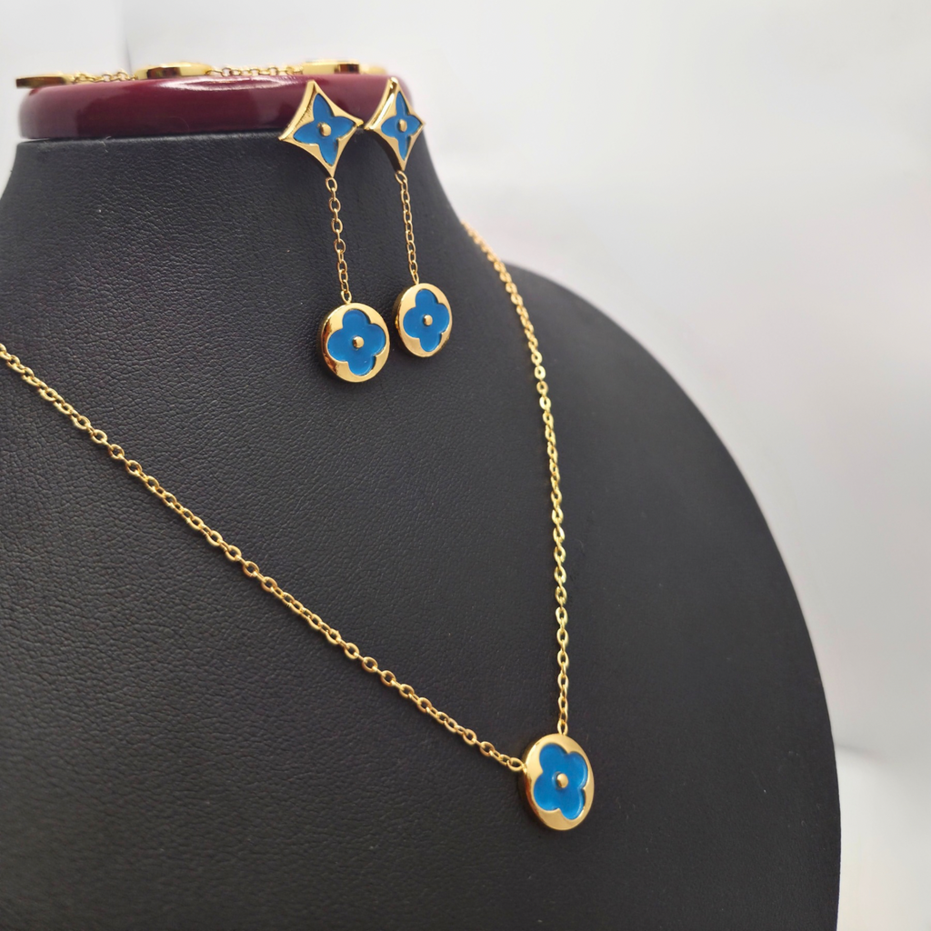 Conjunto de Joyería Floral Geométrica Azul 100% Acero Bañado en Oro 18K
