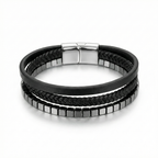 Pulsera para Hombre de Triple Hilera en Acero con Baño de Oro Blanco de 18K – Cuero Trenzado y Cuentas de Cubo – Hecha en España