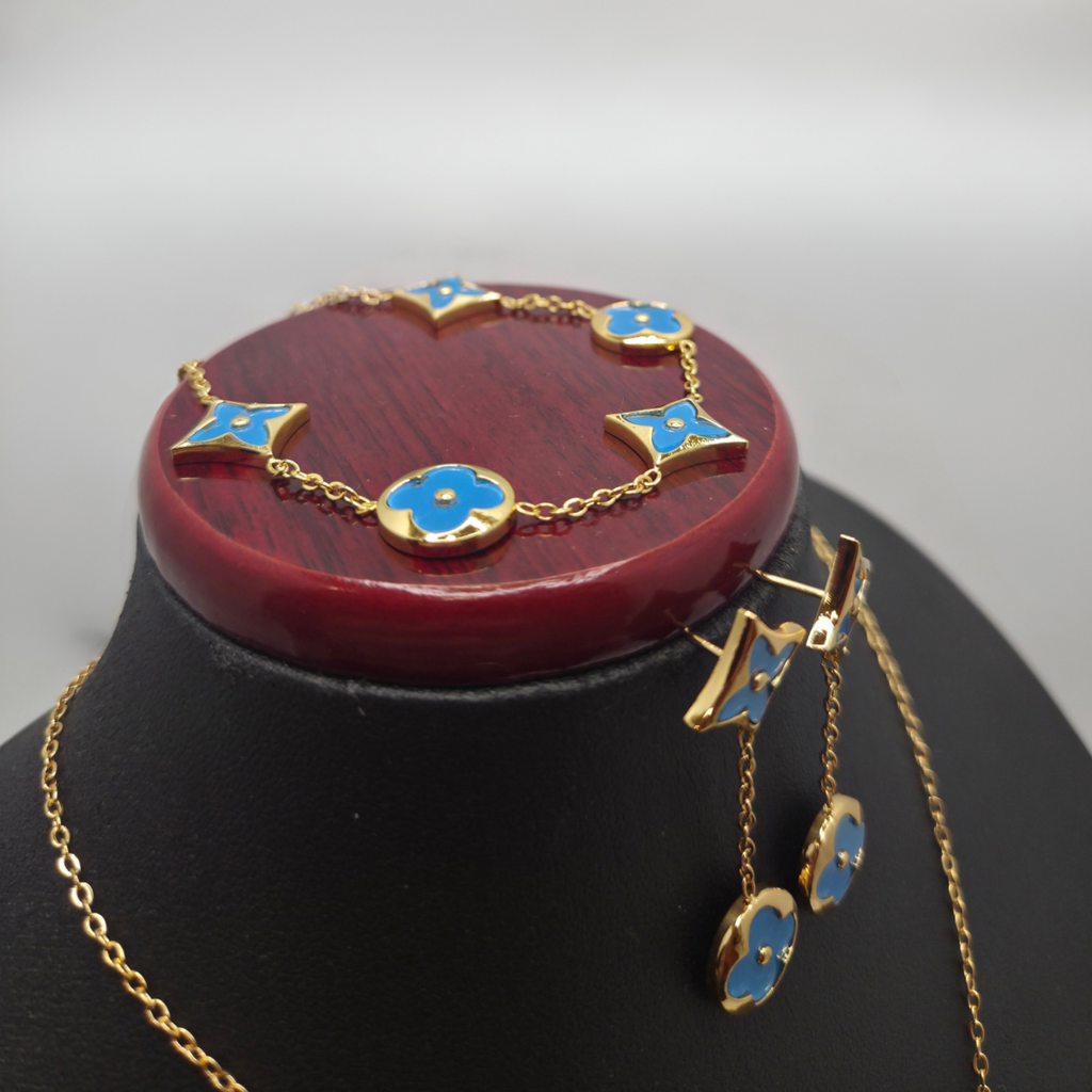 Conjunto de Joyería Floral Geométrica Azul 100% Acero Bañado en Oro 18K