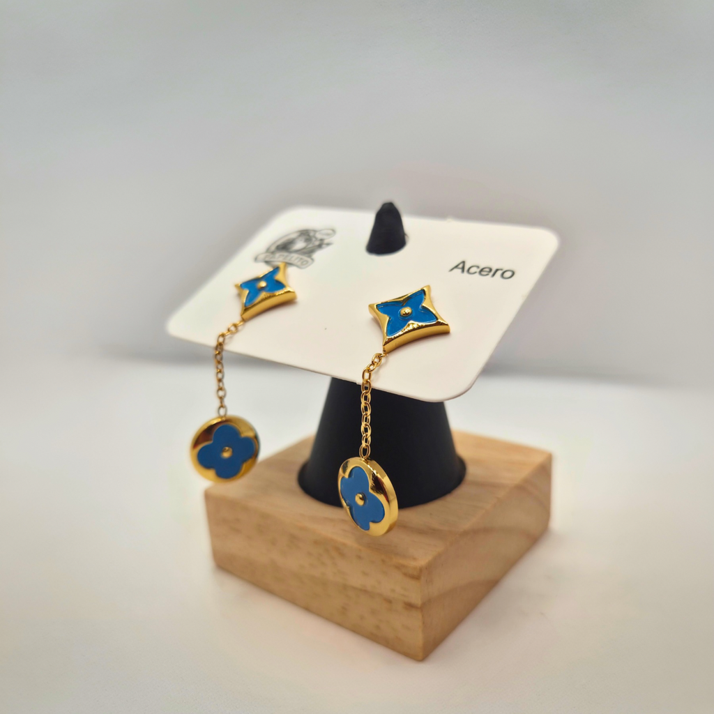 Conjunto de Joyería Floral Geométrica Azul 100% Acero Bañado en Oro 18K