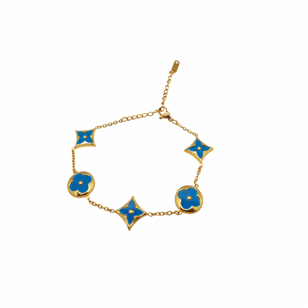 Conjunto de Joyería Floral Geométrica Azul 100% Acero Bañado en Oro 18K