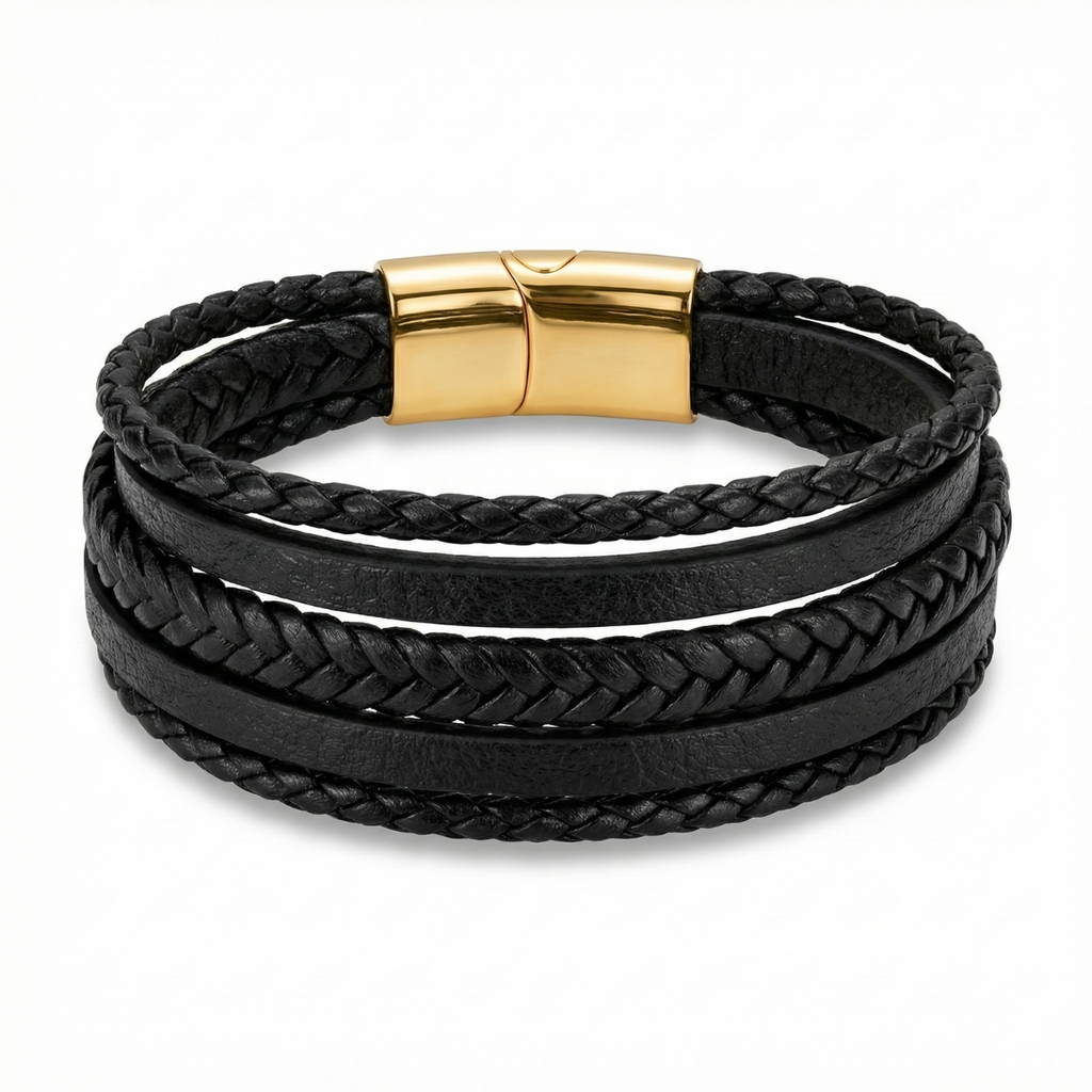Pulsera Multicapa para Hombre en Cuero Negro y Acero con Baño de Oro de 18K – Hecha en España