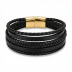 Pulsera Multicapa para Hombre en Cuero Negro y Acero con Baño de Oro de 18K – Hecha en España