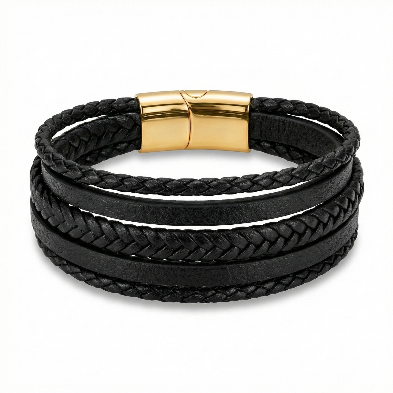 Pulsera Multicapa para Hombre en Cuero Negro y Acero con Baño de Oro de 18K – Hecha en España