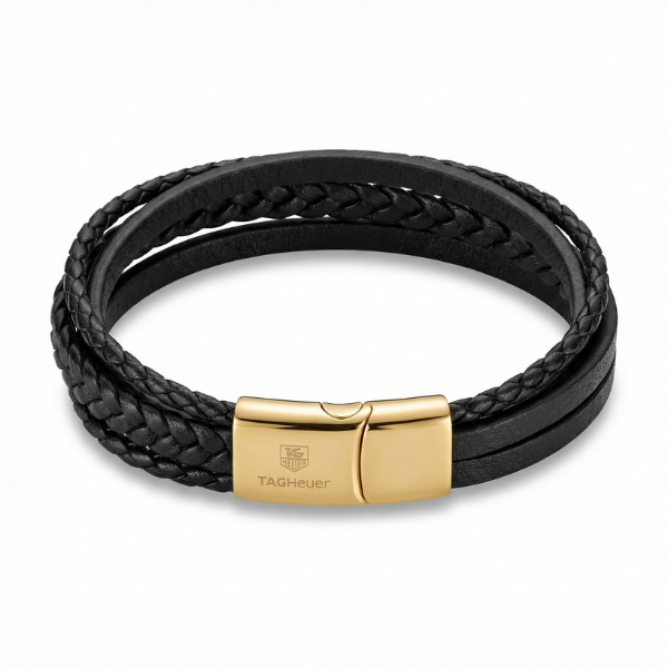 Pulsera Multicapa para Hombre en Cuero Negro y Acero con Baño de Oro de 18K – Hecha en España