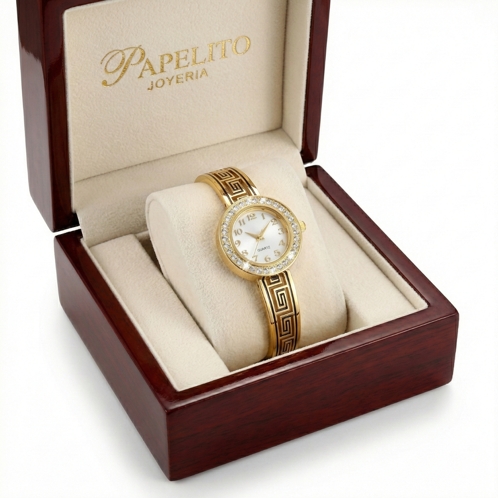 Reloj de Brazalete Rígido con Greca Griega y Cristales – 100% Acero Bañado en Oro 18K