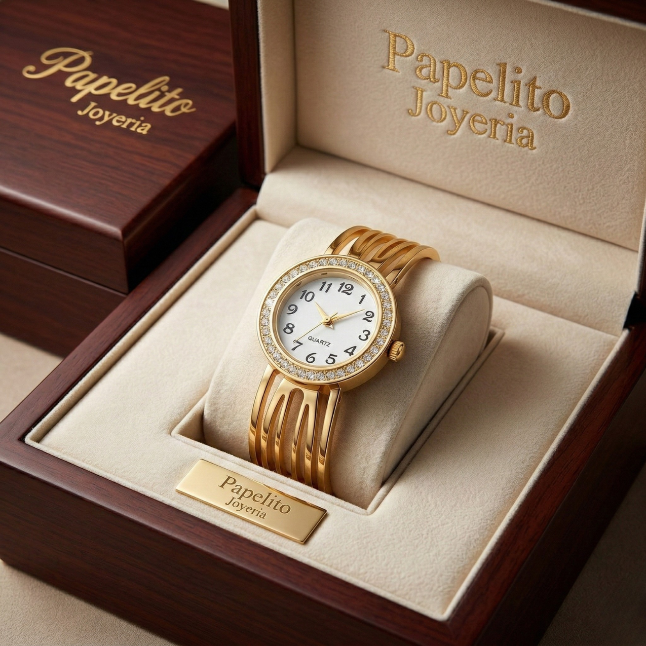 Reloj de Brazalete Rígido Multilínea con Cristales – 100% Acero Bañado en Oro 18K