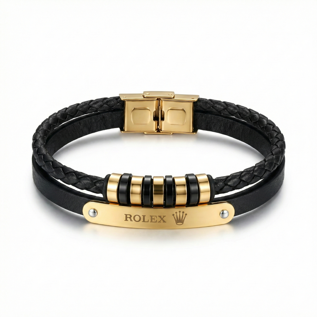 Pulsera Premium de Cuero Trenzado y Acero Inoxidable – Baño de Oro 18K – Hecha en España