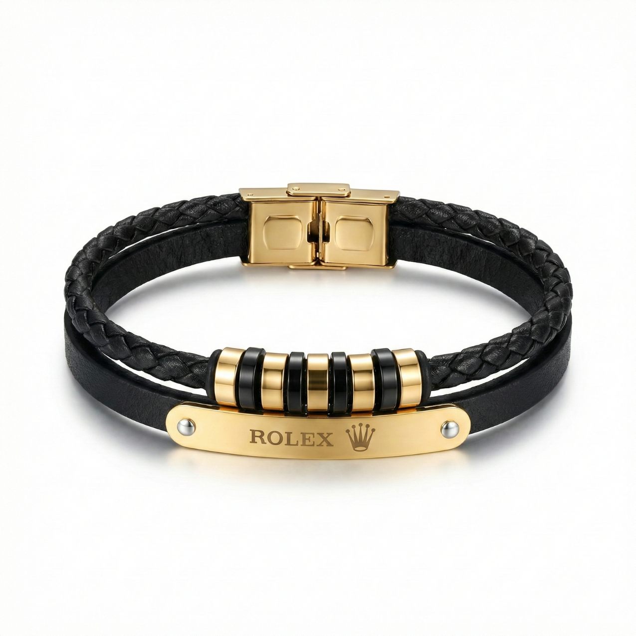 Pulsera Premium de Cuero Trenzado y Acero Inoxidable – Baño de Oro 18K – Hecha en España