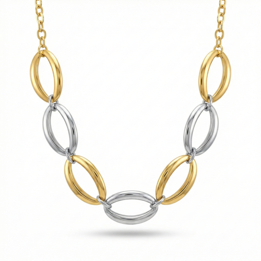 Conjunto de Collar y Pulsera de Eslabones Ovalados Bicolor – 100% Acero Bañado en Oro 18K