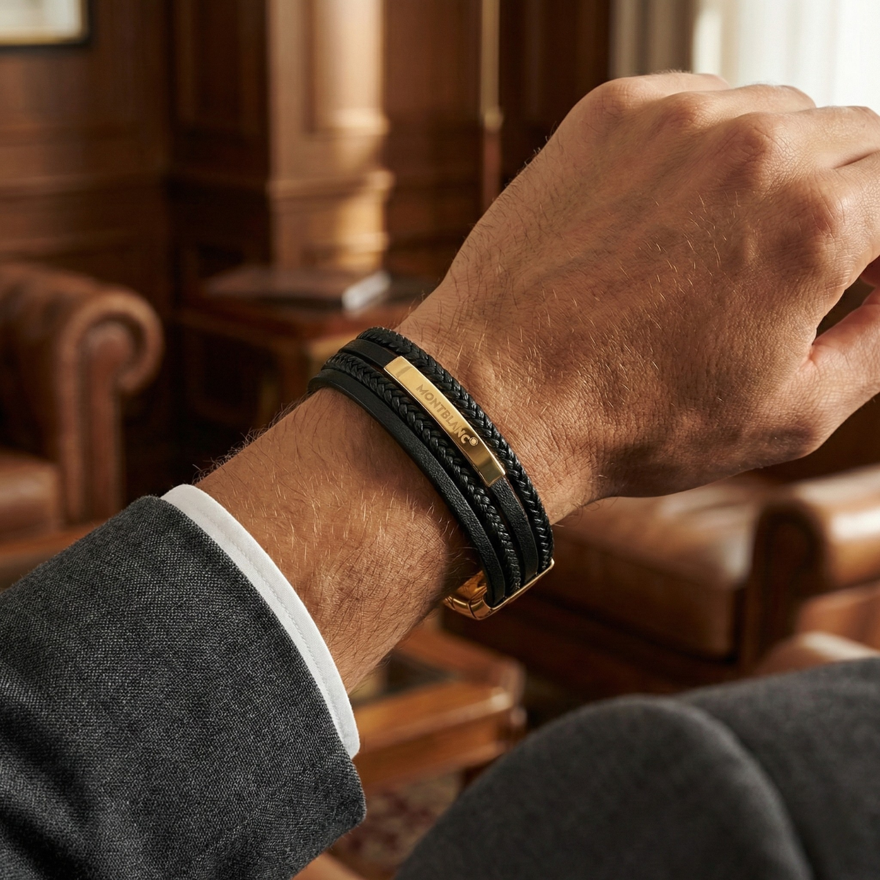 Pulsera para Hombre de Cuero Negro y Placa de Identidad – 100% Acero Bañado en Oro 18K