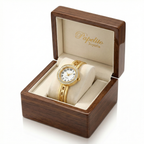 Reloj de Brazalete Rígido con Eslabones Calados y Cristales – 100% Acero Bañado en Oro 18K