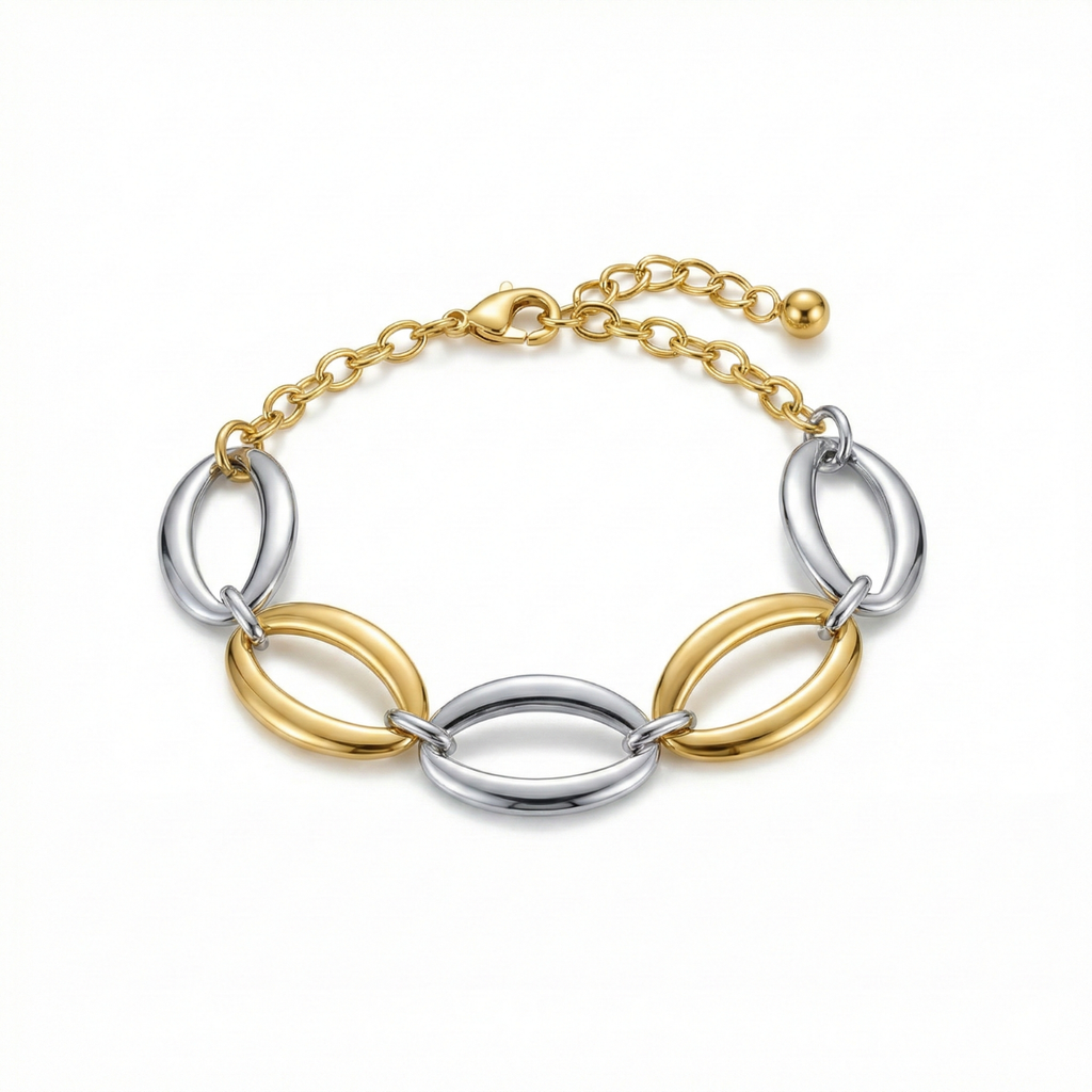 Conjunto de Collar y Pulsera de Eslabones Ovalados Bicolor – 100% Acero Bañado en Oro 18K