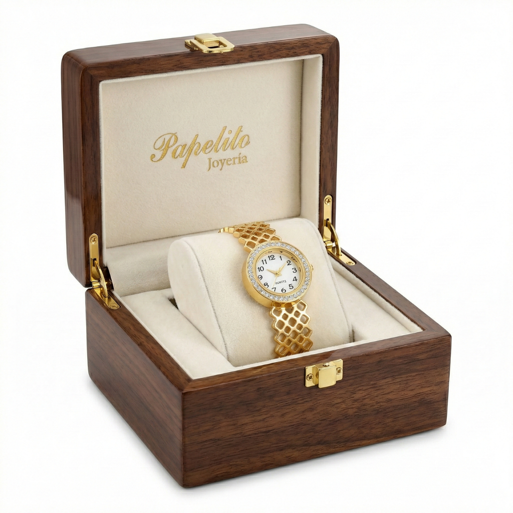 Reloj de Brazalete Rígido con Diseño de Red y Cristales – 100% Acero Bañado en Oro 18K