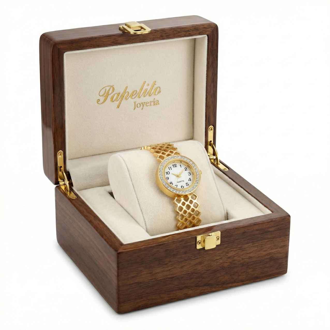 Reloj de Brazalete Rígido con Diseño de Red y Cristales – 100% Acero Bañado en Oro 18K