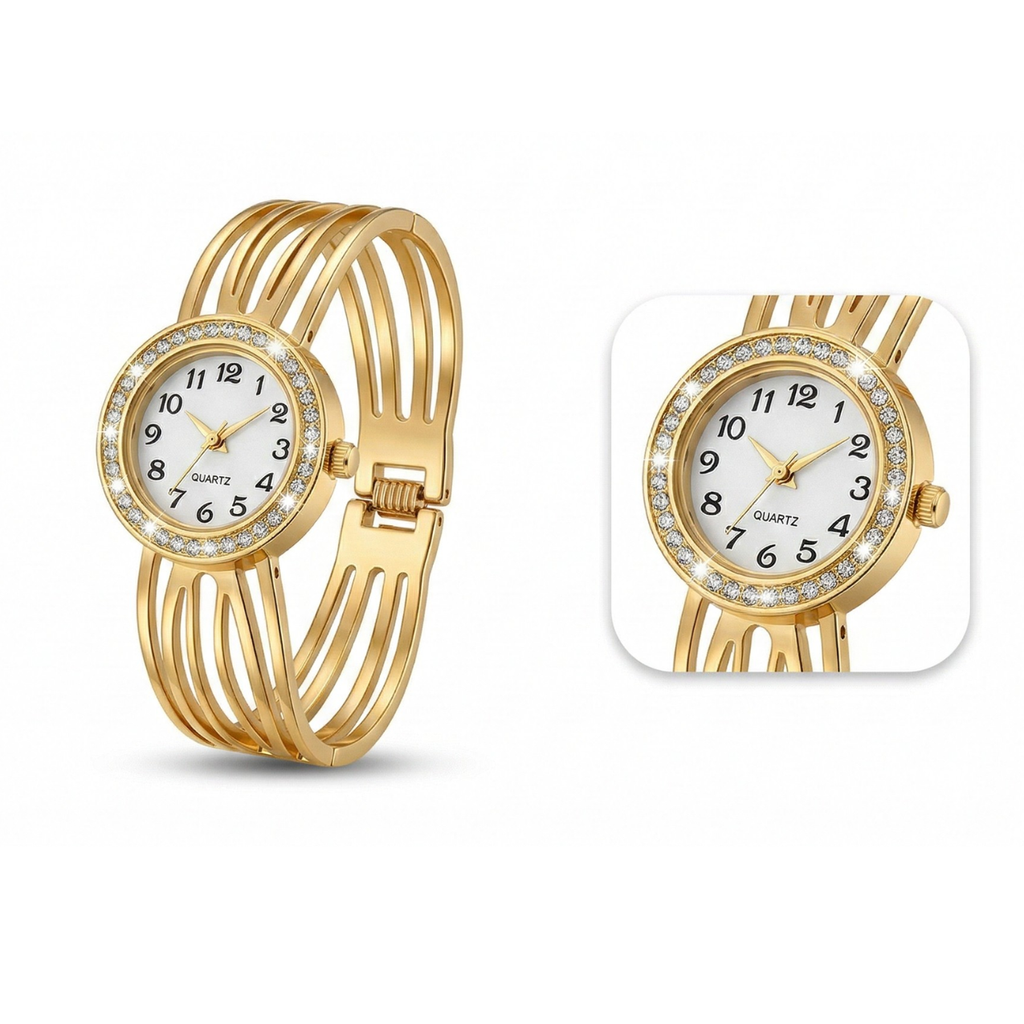 Reloj de Brazalete Rígido Multilínea con Cristales – 100% Acero Bañado en Oro 18K
