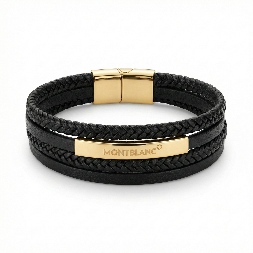 Pulsera para Hombre de Cuero Negro y Placa de Identidad – 100% Acero Bañado en Oro 18K