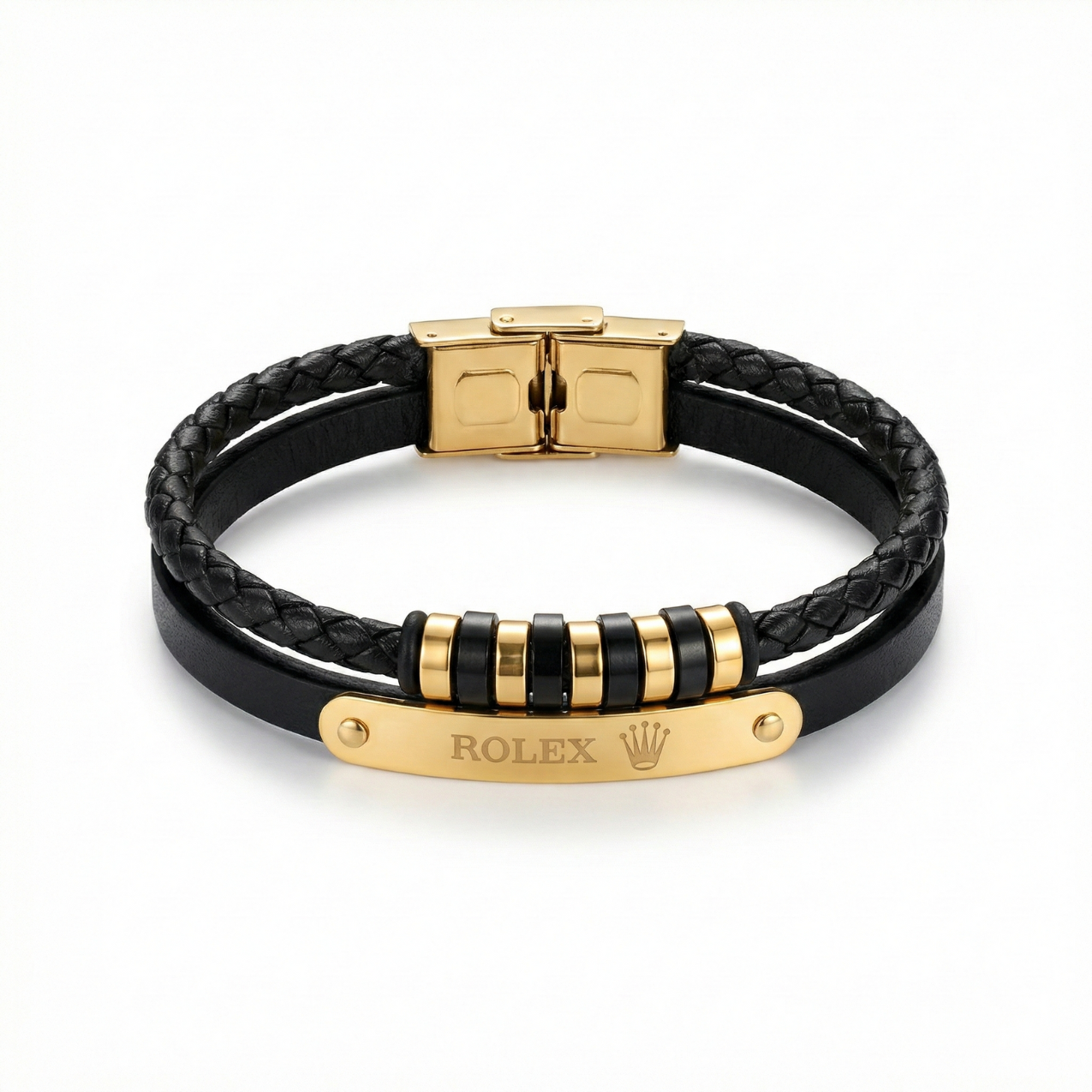Pulsera Premium de Cuero Trenzado y Acero Inoxidable – Baño de Oro 18K – Hecha en España