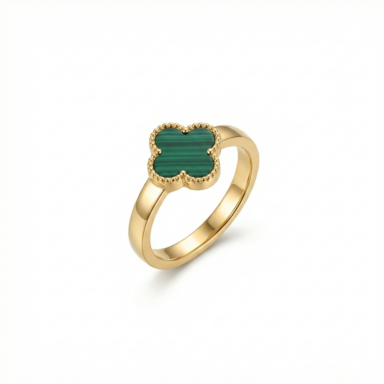 Anillo de Trébol Verde Malaquita con Borde Perlado 100% Acero Bañado en Oro 18K