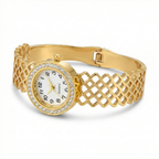 Reloj de Brazalete Rígido con Diseño de Red y Cristales – 100% Acero Bañado en Oro 18K