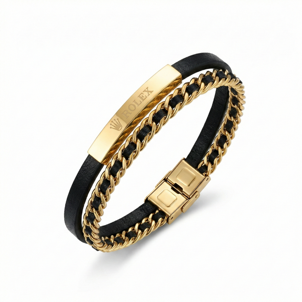 Pulsera Masculina de Cuero Negro y Cadena de Eslabones – 100% Acero Bañado en Oro 18K