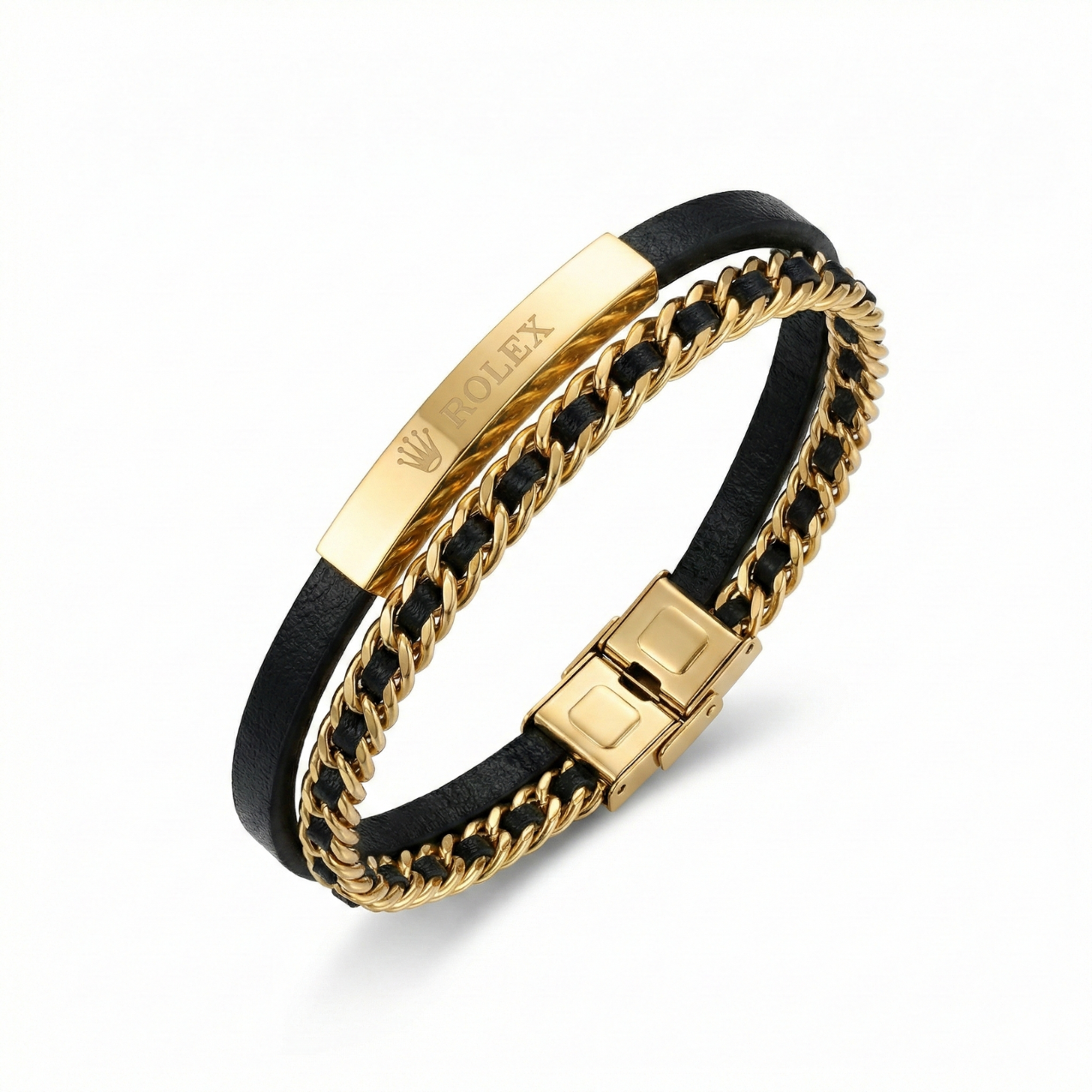 Pulsera Masculina de Cuero Negro y Cadena de Eslabones – 100% Acero Bañado en Oro 18K