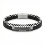 Pulsera Masculina de Cuero Negro con Doble Cordón y Acero Bañado en Oro Blanco 18K - Hecho en España