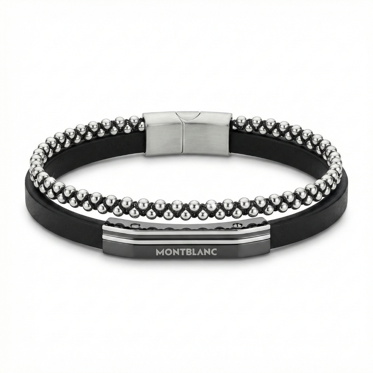 Pulsera Masculina de Cuero Negro con Doble Cordón y Acero Bañado en Oro Blanco 18K - Hecho en España