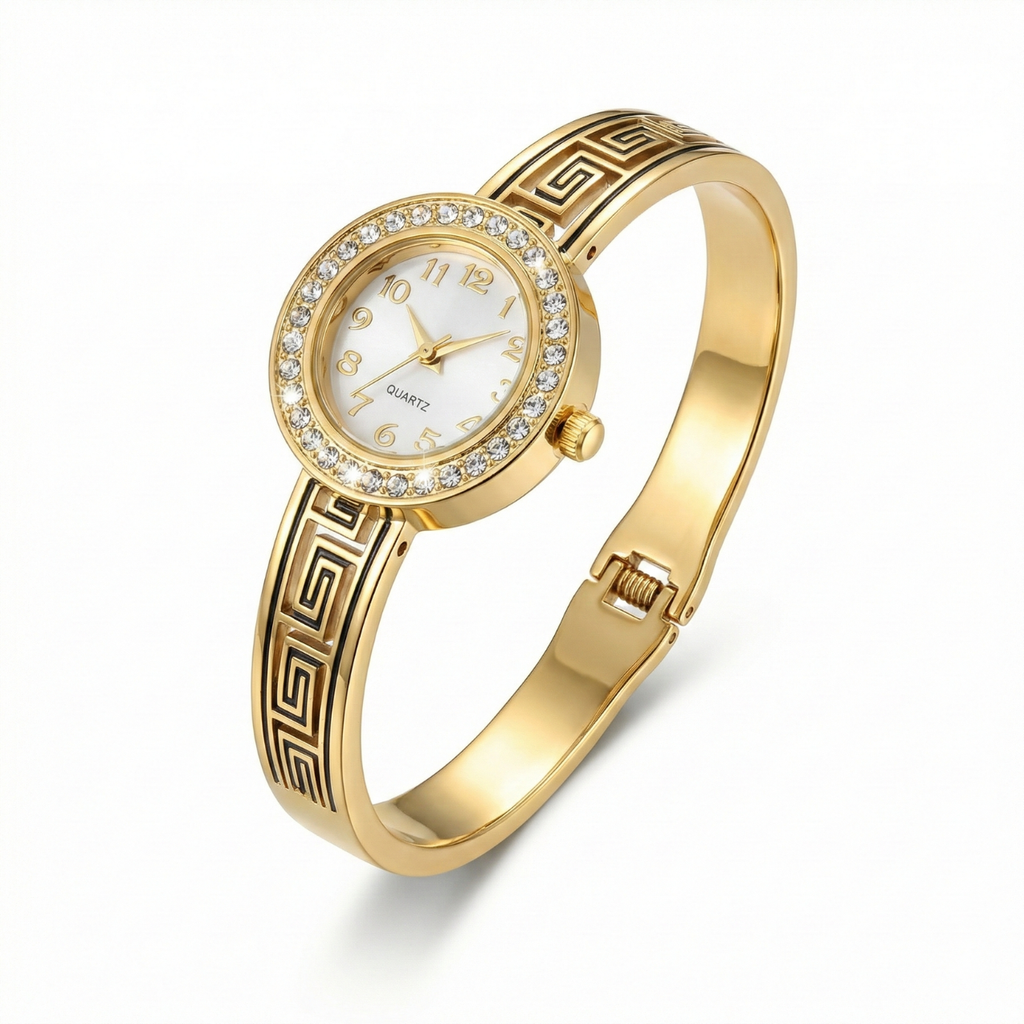 Reloj de Brazalete Rígido con Greca Griega y Cristales – 100% Acero Bañado en Oro 18K