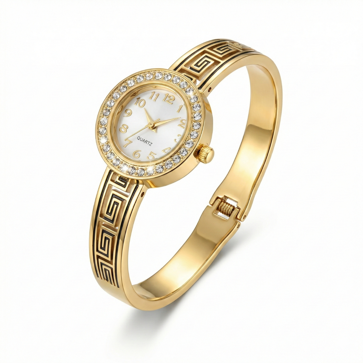 Reloj de Brazalete Rígido con Greca Griega y Cristales – 100% Acero Bañado en Oro 18K