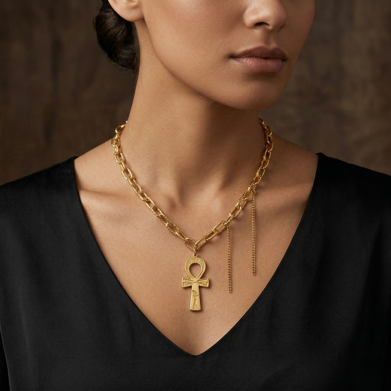 Collar de Cadena con Colgante de Cruz de la Vida (Ankh) – 100% Acero Bañado en Oro 18K
