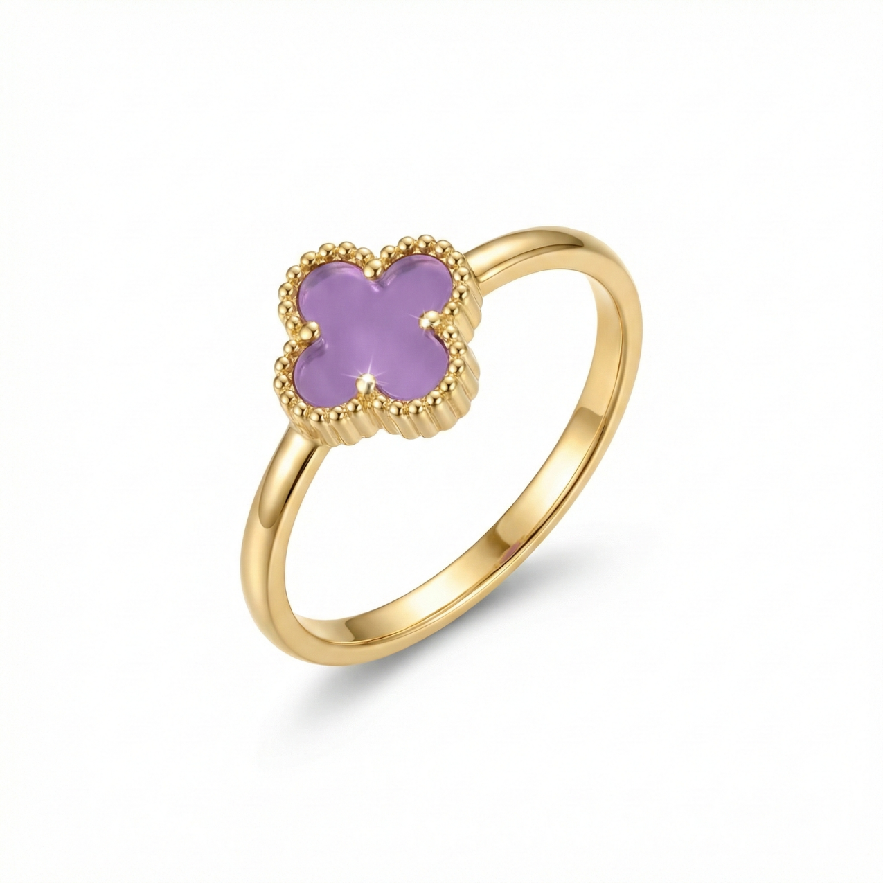 Anillo de Acero Chapado en Oro de 18K 100% con Trébol Morado Estilo Van Cleef - Talla Ajustable