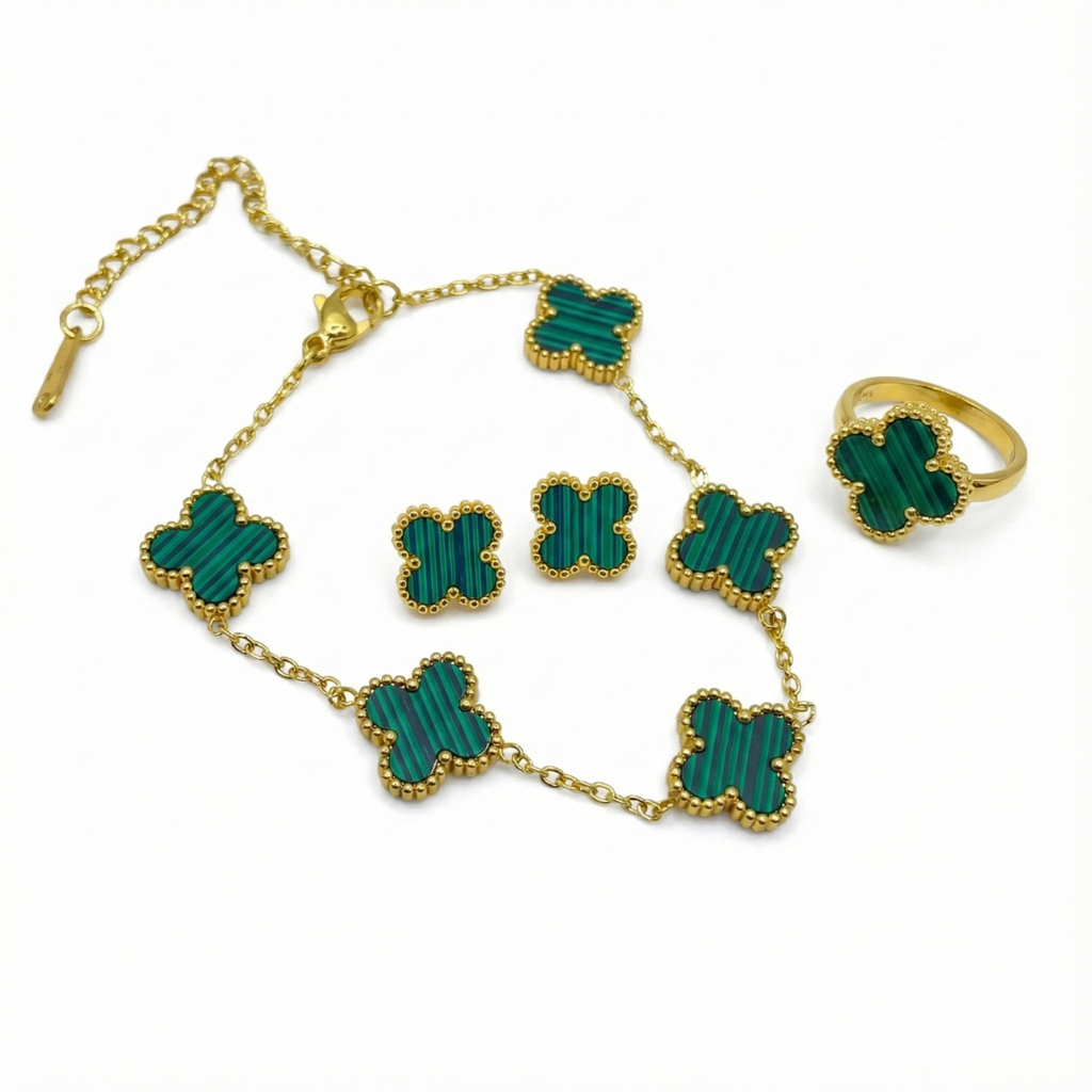 Conjunto Trébol de la Suerte Verde Malaquita - Acero Bañado en Oro 18K