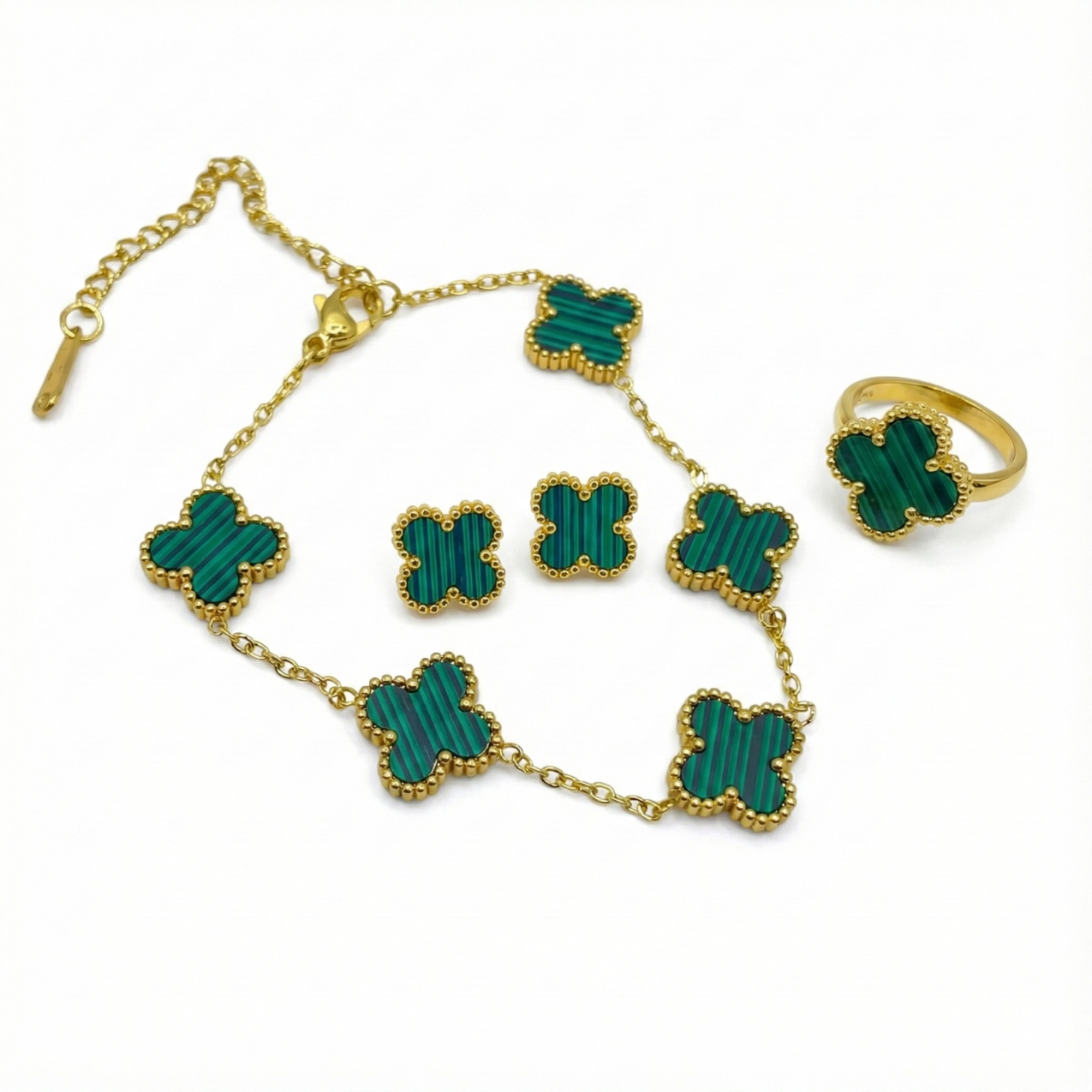 Conjunto Trébol de la Suerte Verde Malaquita - Acero Bañado en Oro 18K