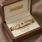 Pulsera de Eslabones "Curb" con Emblema Central y Brillantes – 100% Acero Bañado en Oro 18K