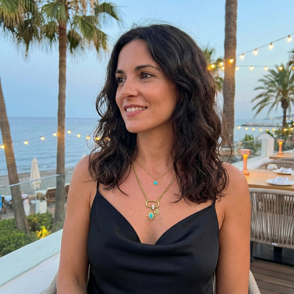 Collar de Doble Capa con Mosquetón y Charms Turquesa 100% Acero Bañado en Oro 18K