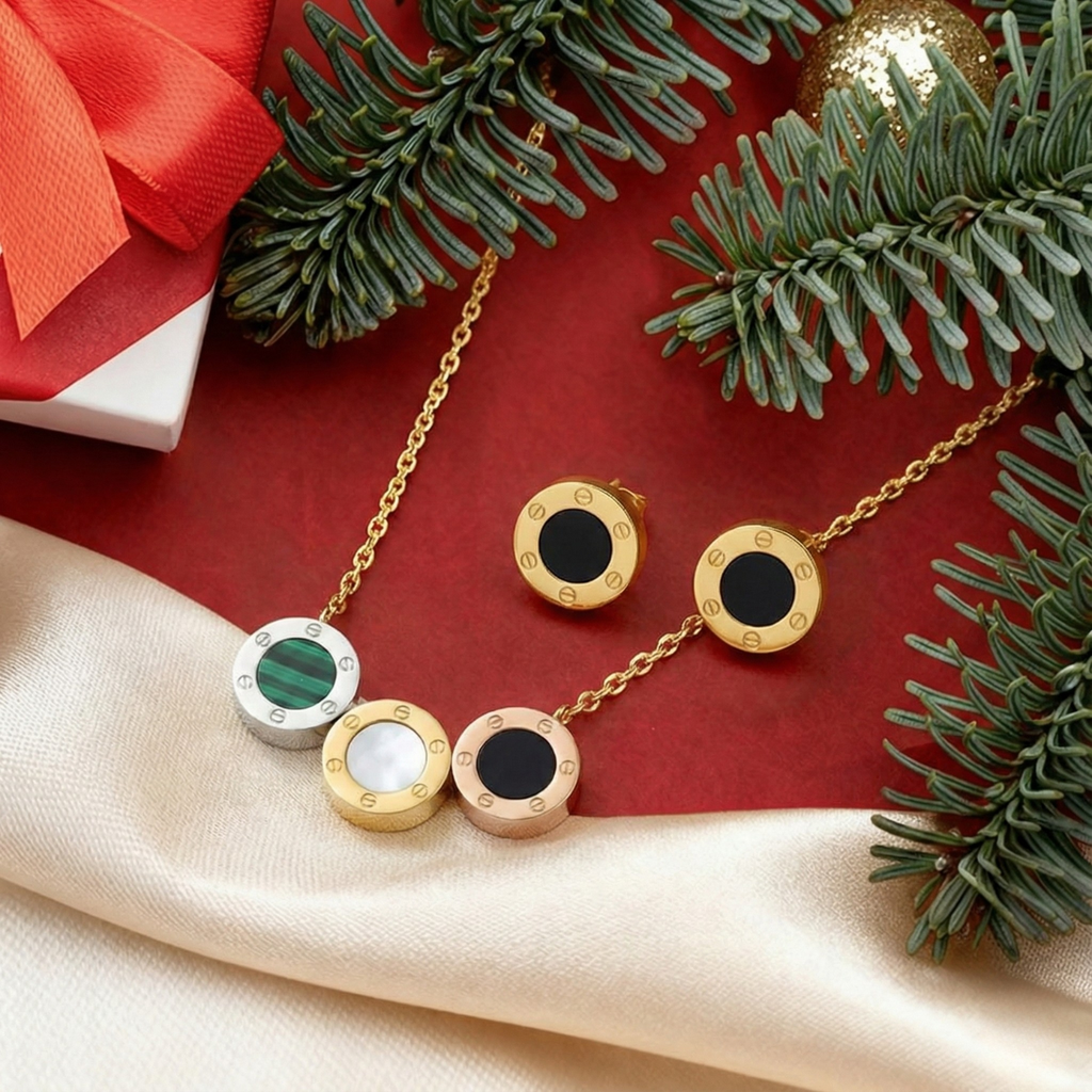 Conjunto de Collar y Pendientes de Círculos con Detalles de Color - 100% Acero Bañado en Oro de 18K