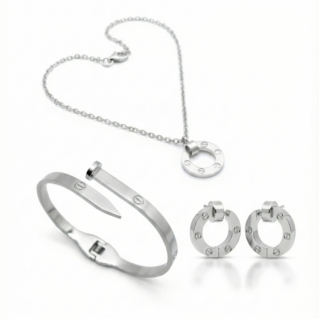 Conjunto de Joyería Círculo con Detalles de Tornillo y Circonitas 100% Acero Inoxidable Color Plata