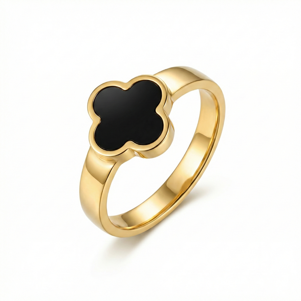 Anillo de Trébol Negro 100% Acero Bañado en Oro 18K