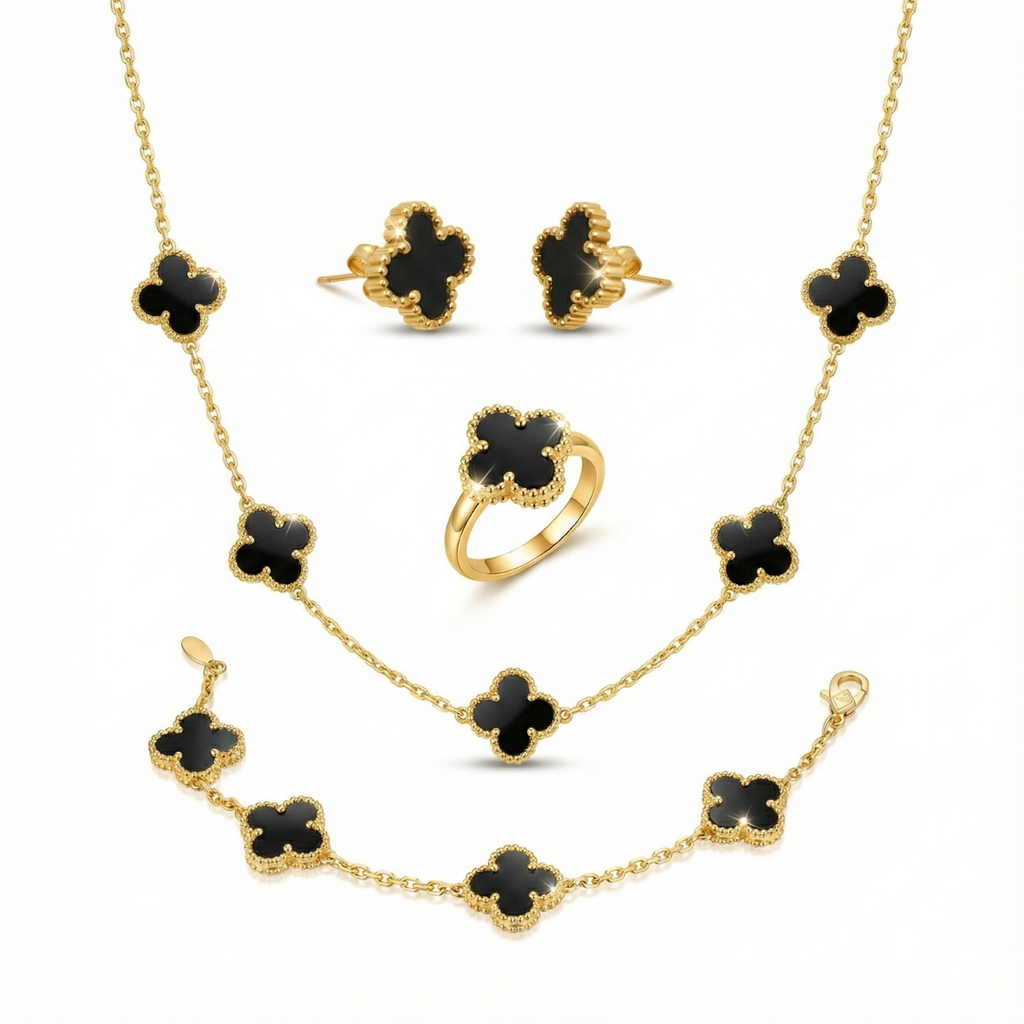 Conjunto de Joyería Trébol Negro 100% Acero Bañado en Oro 18K