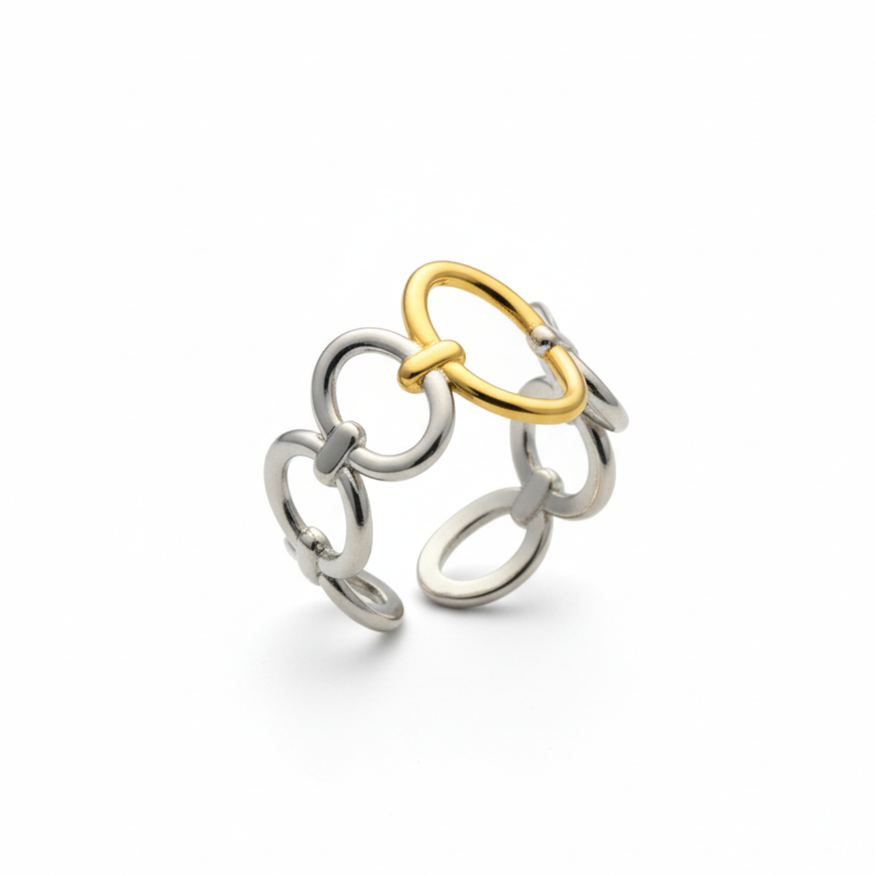 Anillo Eslabones Bicolor 100% Acero (Plata y Baño de Oro 18K)