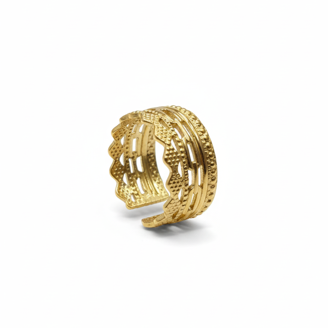 Anillo Ancho Calado tipo Encaje 100% Acero Bañado en Oro 18K
