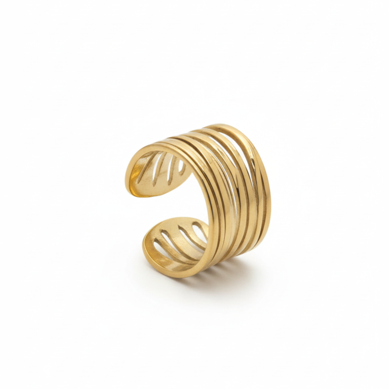 Anillo Ancho de Bandas Paralelas 100% Acero Bañado en Oro 18K