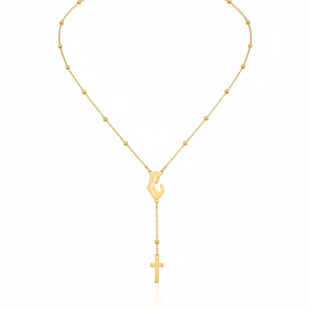 Collar Rosario Estilizado con Virgen y Cruz 100% Acero Bañado en Oro 18K