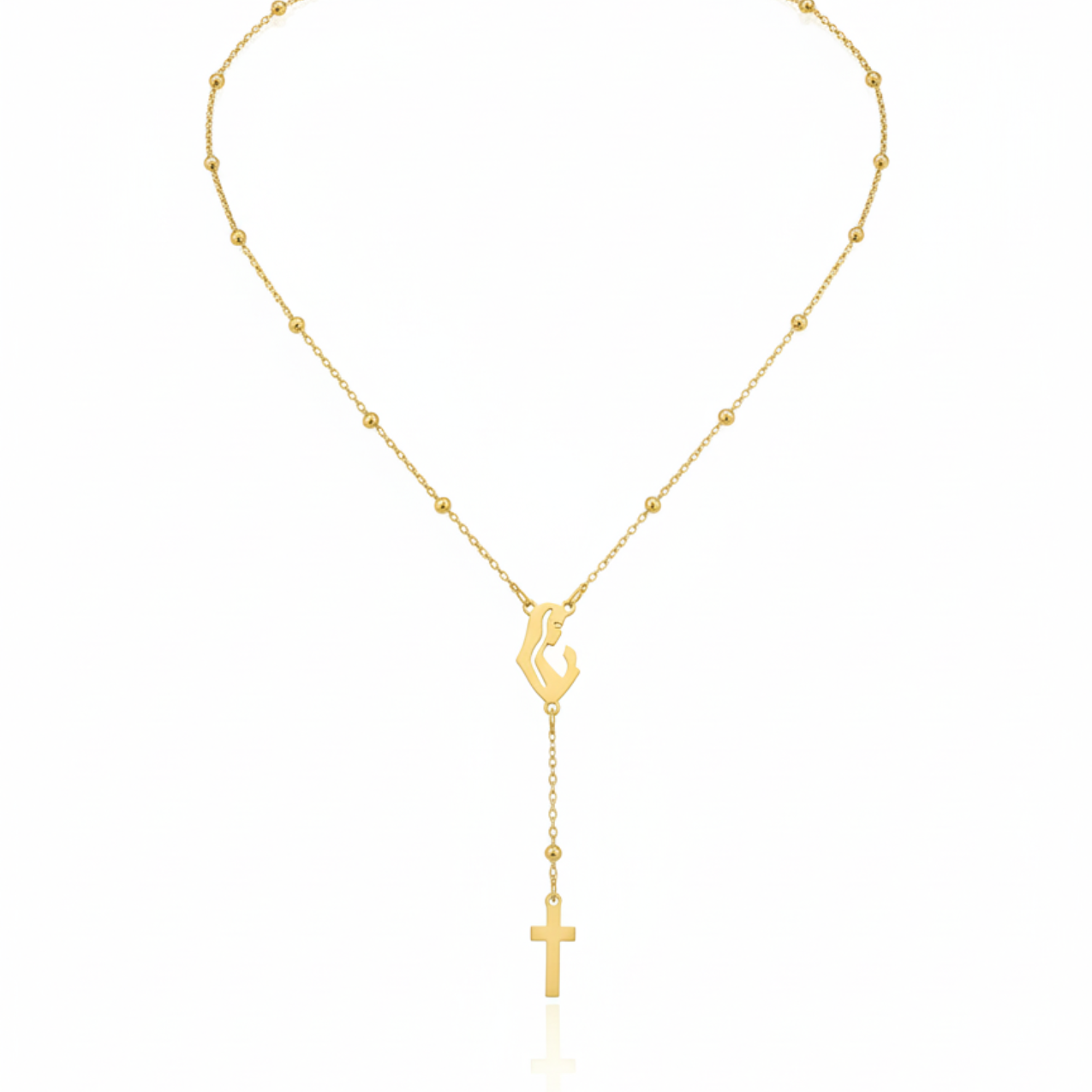 Collar Rosario Estilizado con Virgen y Cruz 100% Acero Bañado en Oro 18K
