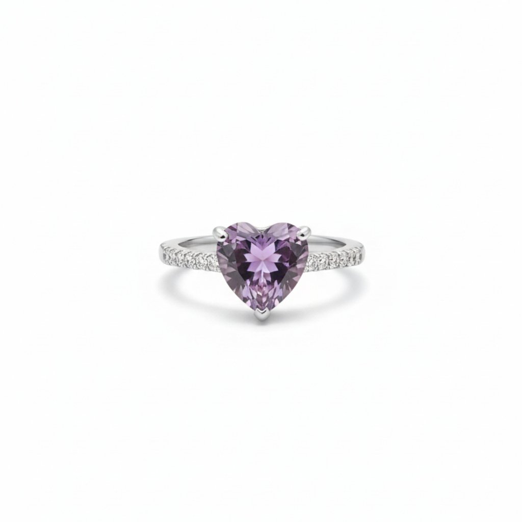 Anillo de Corazón Púrpura con Circonitas 100% Acero Inoxidable Color Plata