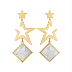 Pendientes Largos Colgantes de Estrellas y Rombo Nácar 100% Acero Bañado en Oro 18K